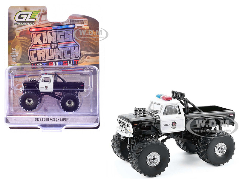 1978 Ford F 250 Monster Truck LAPD Los Angeles Police Department Black and White Kings of Crunch Hot Pursuit Special Edition 1/64 Diecast Model Car Greenlight 49170A