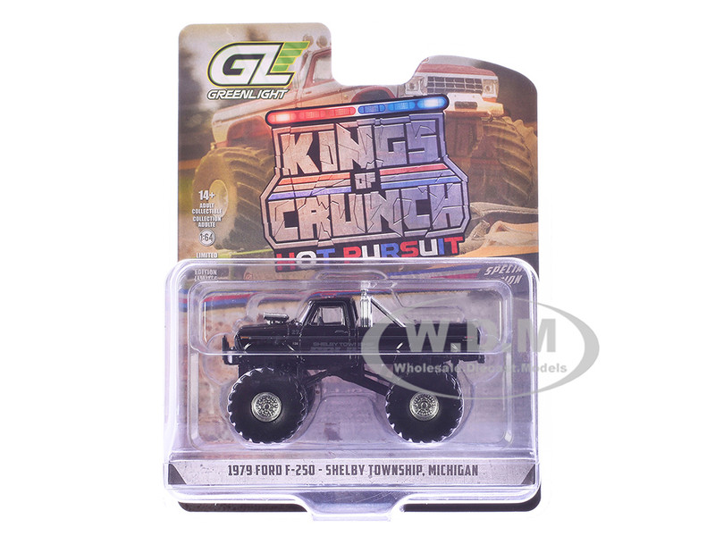1979 Ford F 250 Monster Truck Shelby Township Police Michigan Black Kings of Crunch Hot Pursuit Special Edition 1/64 Diecast Model Car Greenlight 49170B
