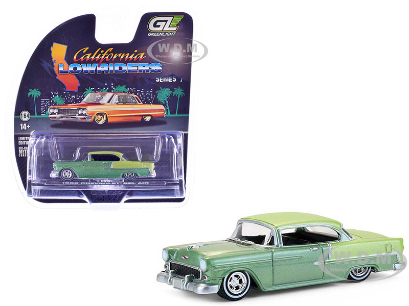 1956 Chevrolet Bel Air Lowrider Laurel Green Metallic and Crocus Yellow Two Tone with Green Interior California Lowriders Series 7 1/64 Diecast Model Car Greenlight 63080A