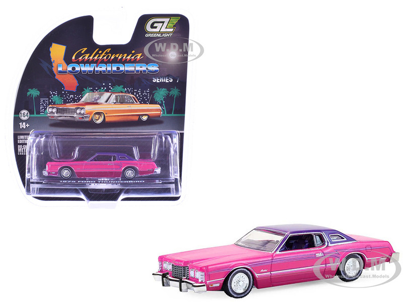 1975 Ford Thunderbird Lowrider Pink Metallic with Purple Top and Graphics with Purple Interior California Lowriders Series 7 1/64 Diecast Model Car Greenlight 63080E
