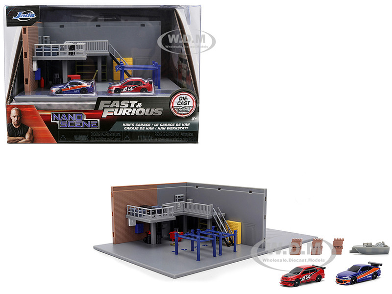 Fast & Furious Han s Garage Diorama with 2 Cars and Accessories Nano Scene Series 1/32 Model Jada 36403