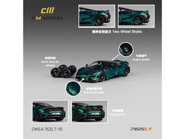McLaren 765LT Green Carbon Metallic with Black Top and Extra Wheels 1/64 Diecast Model Car CM Model CM64-765LT-19