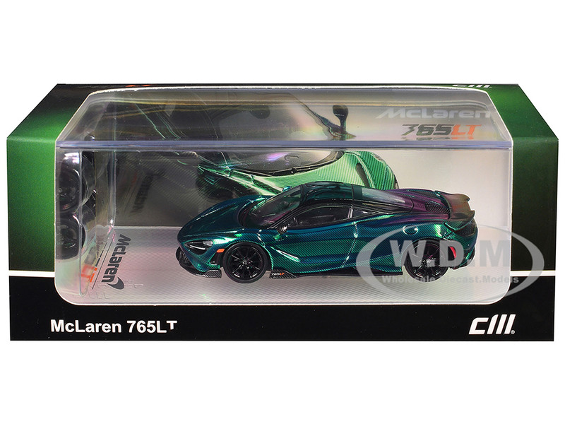 McLaren 765LT Green Carbon Metallic with Black Top and Extra Wheels 1/64 Diecast Model Car CM Model CM64-765LT-19
