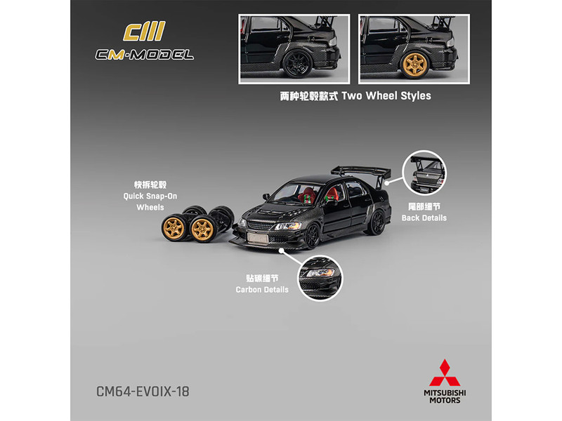 Mitsubishi Lancer Evolution IX RHD Right Hand Drive Black and Carbon with Extra Wheels 1/64 Diecast Model Car CM Model CM64-EVOIX-18