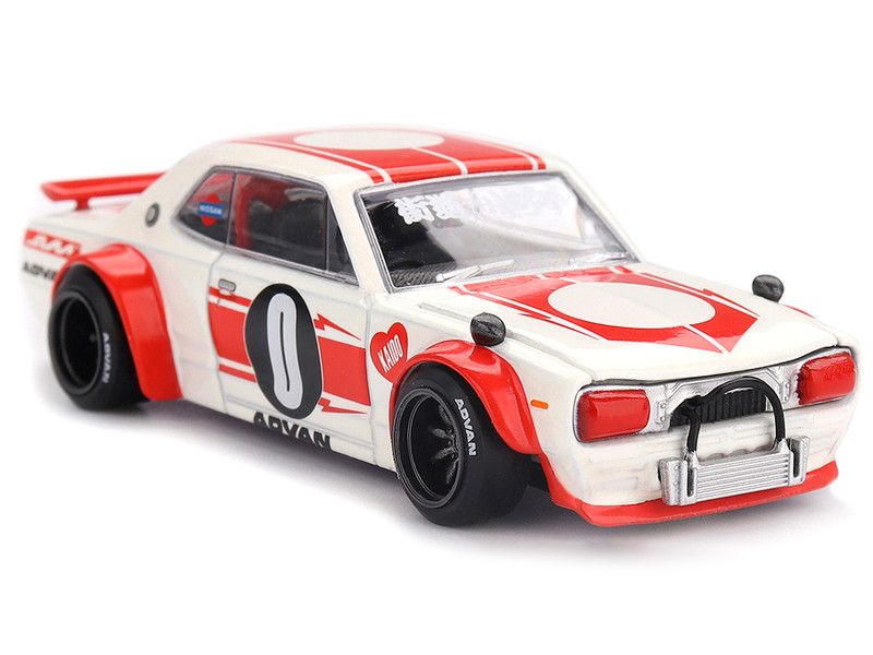 Nissan Skyline 2000GT R KPGC10 Kaido Works V2 RHD Right Hand Drive White with Red Stripes Designed by Jun Imai Kaido House Special 1/64 Diecast Model Car Mini GT KHMG211