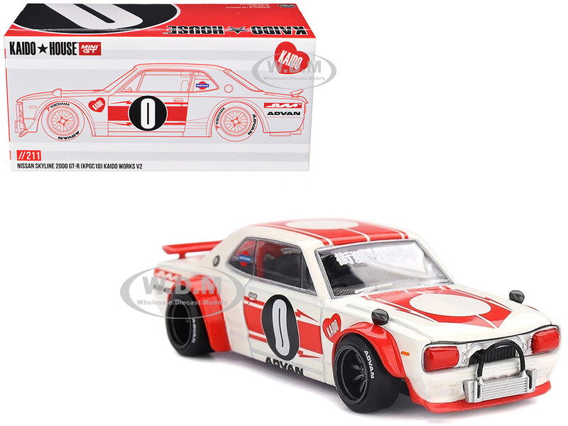 Nissan Skyline 2000GT R KPGC10 Kaido Works V2 RHD Right Hand Drive White with Red Stripes Designed by Jun Imai Kaido House Special 1/64 Diecast Model Car Mini GT KHMG211