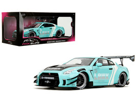 Nissan GT R R35 Liberty Walk Body Kit 2 0 RHD Right Hand Drive Light Blue with Black Hood and White Stripes Pink Slips Series 1/18 Diecast Model Car Jada 36382