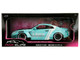 Nissan GT R R35 Liberty Walk Body Kit 2 0 RHD Right Hand Drive Light Blue with Black Hood and White Stripes Pink Slips Series 1/18 Diecast Model Car Jada 36382
