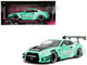 Nissan GT R R35 Liberty Walk Body Kit 2 0 RHD Right Hand Drive Light Blue with Black Hood and White Stripes Pink Slips Series 1/18 Diecast Model Car Jada 36382