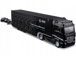Mercedes Benz Actros Gigaspace Car Transporter Black and Mercedes AMG F1 W15 E Performance #63 George Russell Petronas Formula One F1 World Championship 2024 Racing Hauler Series 1/43 Diecast Model Car Bburago 38402GR