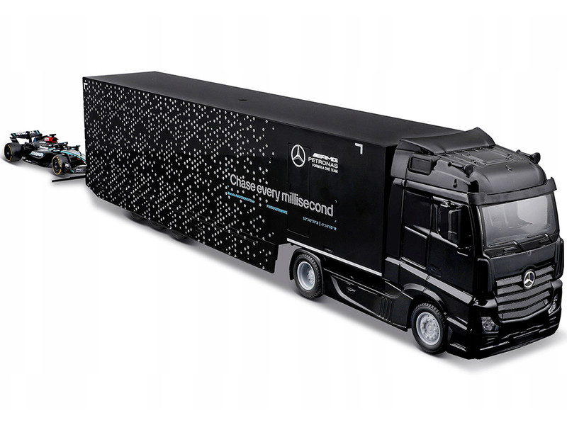 Mercedes Benz Actros Gigaspace Car Transporter Black and Mercedes AMG F1 W15 E Performance #63 George Russell Petronas Formula One F1 World Championship 2024 Racing Hauler Series 1/43 Diecast Model Car Bburago 38402GR