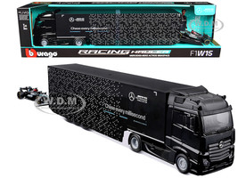 Mercedes Benz Actros Gigaspace Car Transporter Black and Mercedes AMG F1 W15 E Performance #63 George Russell Petronas Formula One F1 World Championship 2024 Racing Hauler Series 1/43 Diecast Model Car Bburago 38402GR