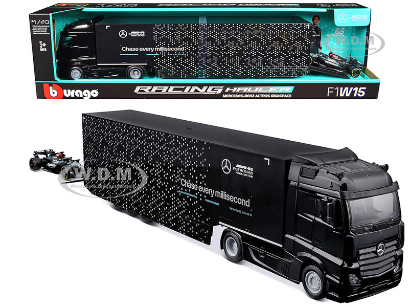 Mercedes Benz Actros Gigaspace Car Transporter Black and Mercedes AMG F1 W15 E Performance #63 George Russell Petronas Formula One F1 World Championship 2024 Racing Hauler Series 1/43 Diecast Model Car Bburago 38402GR