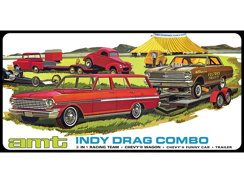 Skill 2 Model Kit Indy Drag Combo Chevrolet II Wagon and Funny Car with Trailer 3 in 1 Set 1/25 Scale Model AMT AMT1520