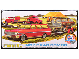Skill 2 Model Kit Indy Drag Combo Chevrolet II Wagon and Funny Car with Trailer 3 in 1 Set 1/25 Scale Model AMT AMT1520