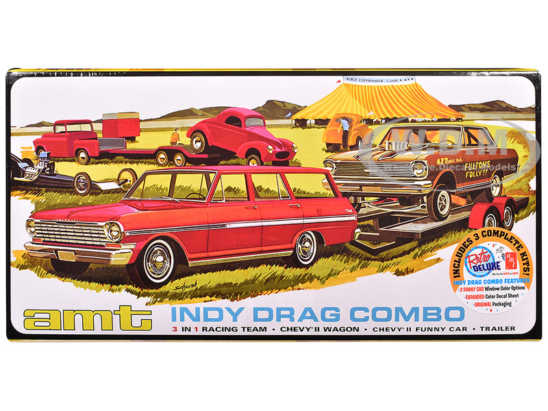 Skill 2 Model Kit Indy Drag Combo Chevrolet II Wagon and Funny Car with Trailer 3 in 1 Set 1/25 Scale Model AMT AMT1520