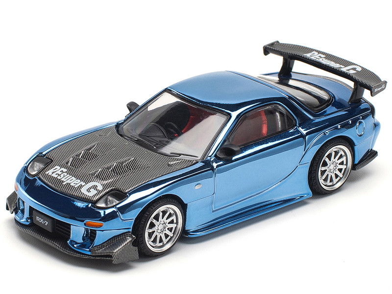 Mazda RX 7 RE Amemiya Widebody RHD Right Hand Drive Blue Chrome with Carbon Hood 1/64 Diecast Model Car Pop Race PR640223