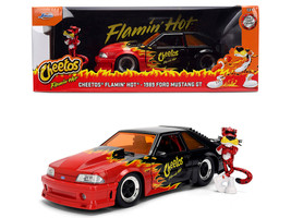 1989 Ford Mustang GT Black with Red Flame Graphics and Chester Cheetah Diecast Figure Cheetos Flamin Hot Hollywood Rides Series 1/24 Diecast Model Car Jada JA36255