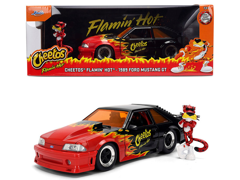 1989 Ford Mustang GT Black with Red Flame Graphics and Chester Cheetah Diecast Figure Cheetos Flamin Hot Hollywood Rides Series 1/24 Diecast Model Car Jada JA36255