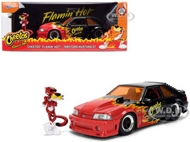 1989 Ford Mustang GT Black with Red Flame Graphics and Chester Cheetah Diecast Figure Cheetos Flamin Hot Hollywood Rides Series 1/24 Diecast Model Car Jada JA36255