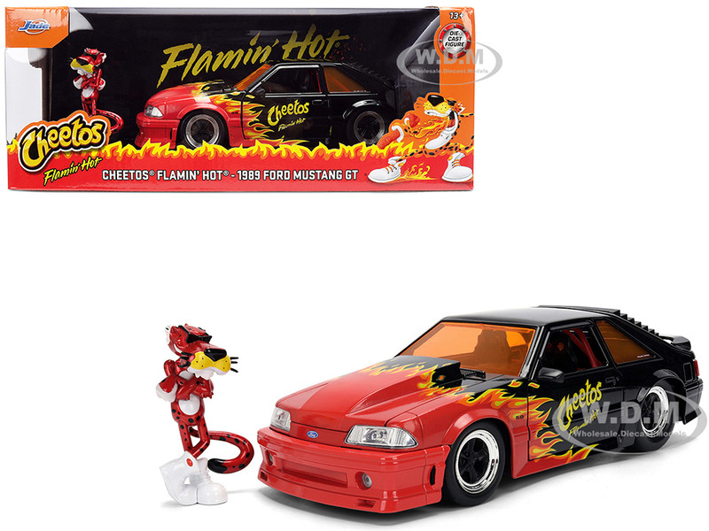 1989 Ford Mustang GT Black with Red Flame Graphics and Chester Cheetah Diecast Figure Cheetos Flamin Hot Hollywood Rides Series 1/24 Diecast Model Car Jada JA36255