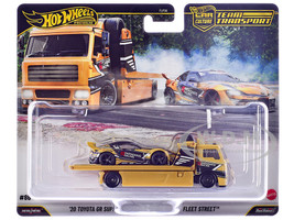 Fleet Street Flatbed Truck Yellow with Graphics and 2020 Toyota GR Supra #15 Yellow with Black Graphics Papadakis Racing Team Transport Car Culture Series Diecast Model Cars Hot Wheels JHX87