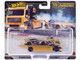 Fleet Street Flatbed Truck Yellow with Graphics and 2020 Toyota GR Supra #15 Yellow with Black Graphics Papadakis Racing Team Transport Car Culture Series Diecast Model Cars Hot Wheels JHX87