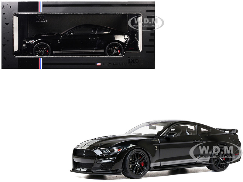 2022 Ford Mustang Shelby GT500 Black with Silver Stripes 1/18 Diecast Model Car IXO Models U18RDC002-FO