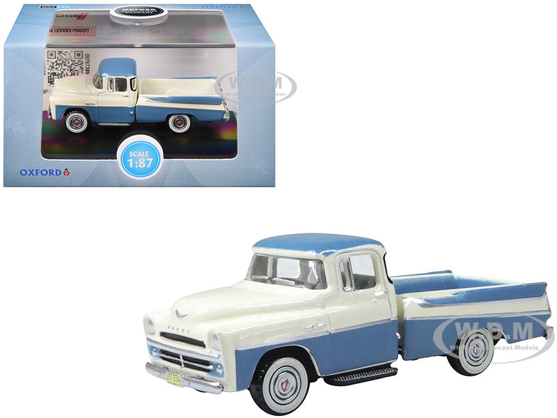 1957 Dodge D100 Sweptside Pickup Truck Ice Blue and Glacier White 1/87 (HO) Scale Diecast Model Car Oxford Diecast 87DP57005