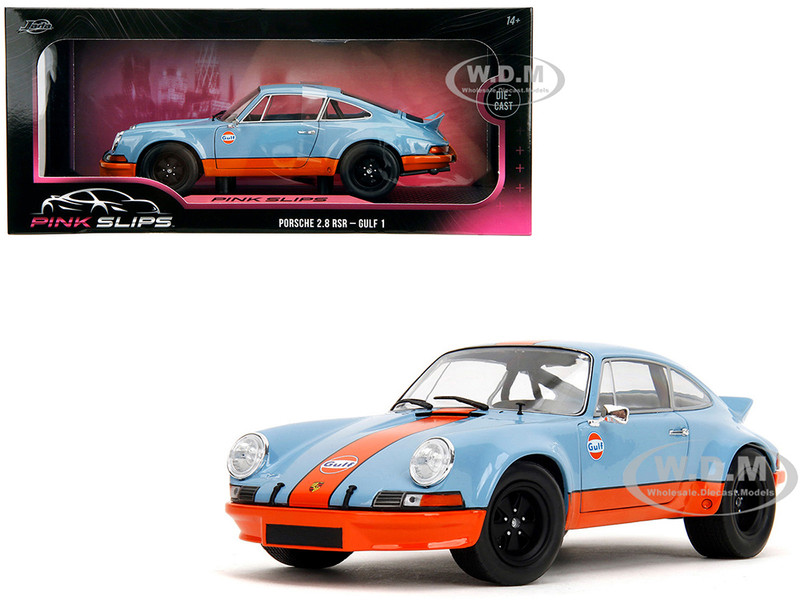 Porsche 911 RSR Gulf Oil Light Blue with Orange Stripes Pink Slips Series 1/18 Diecast Model Car Jada 36384