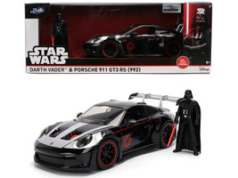 Porsche 911 GT3 RS 992 Black with Silver Hood and Graphics and Darth Vader Figure Star Wars Franchise Hollywood Rides Series 1/24 Diecast Model Car Jada 36477