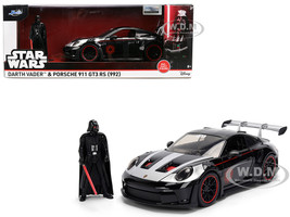 Porsche 911 GT3 RS 992 Black with Silver Hood and Graphics and Darth Vader Figure Star Wars Franchise Hollywood Rides Series 1/24 Diecast Model Car Jada 36477
