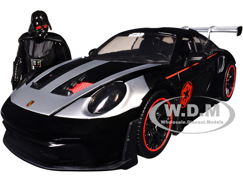 Porsche 911 GT3 RS 992 Black with Silver Hood and Graphics and Darth Vader Figure Star Wars Franchise Hollywood Rides Series 1/24 Diecast Model Car Jada 36477