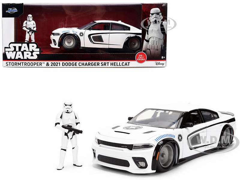 2021 Dodge Charger SRT Hellcat White with Graphics and Stormtrooper Figure Star Wars Franchise Hollywood Rides Series 1/24 Diecast Model Car Jada 36478