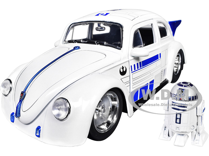 1959 Volkswagen Drag Beetle White with Graphics and R2 D2 Figure Star Wars Franchise Hollywood Rides Series 1/24 Diecast Model Car Jada 36912