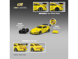 993 Widebody Yellow with Extra Wheels and Spoiler 1/64 Diecast Model Car CM Model CM64-993-INA