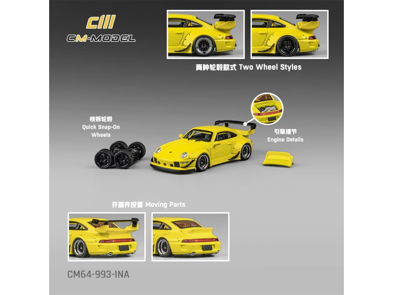 993 Widebody Yellow with Extra Wheels and Spoiler 1/64 Diecast Model Car CM Model CM64-993-INA