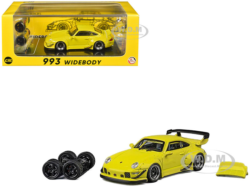 993 Widebody Yellow with Extra Wheels and Spoiler 1/64 Diecast Model Car CM Model CM64-993-INA