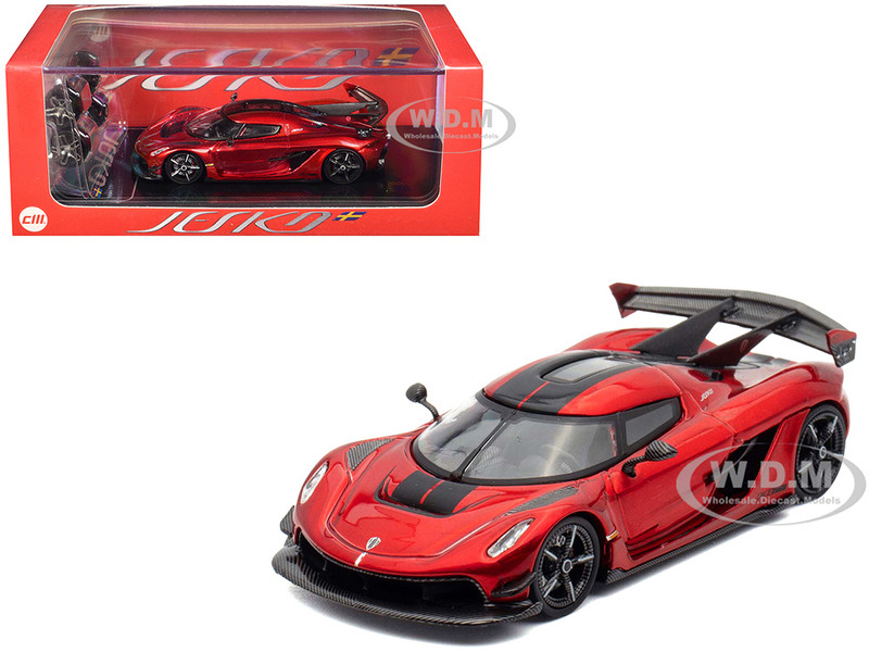 Koenigsegg Jesko Red Metallic with Black Stripes with Extra Wheels 1/64 Diecast Model Car CM Model CM64-JESKO-03