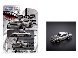Skyline GT R V8 Drift Hakosuka RHD Right Hand Drive Silver Metallic with Carbon Hood and Shark Mouth Graphics Enigma Exclusive Edition  1/64 Diecast Model Car Pop Race PR64-PRE005