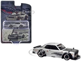 Skyline GT R V8 Drift Hakosuka RHD Right Hand Drive Silver Metallic with Carbon Hood and Shark Mouth Graphics Enigma Exclusive Edition 1/64 Diecast Model Car Pop Race PR64-PRE005