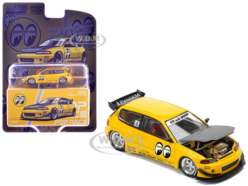 Pandem Civic EG6 RHD Right Hand Drive Mooneyes Yellow with Carbon Hood Enigma Exclusive Edition 1/64 Diecast Model Car Pop Race PR64-PRE010Pandem Civic EG6 RHD Right Hand Drive Mooneyes Yellow with Carbon Hood Enigma Exclusive Edition 1/64 Diecast Model Car Pop Race PR64-PRE010
