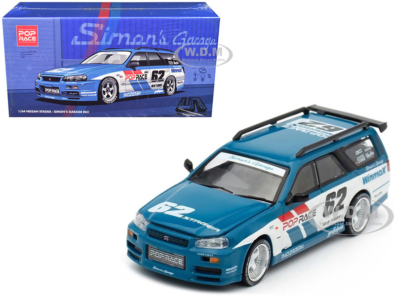Nissan Stagea RHD Right Hand Drive #62 Simon s Garage Blue with White Sides 1/64 Diecast Model Car Pop Race PR640171