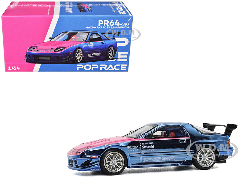 Mazda RX7 FC3S RE Amemiya RHD Right Hand Drive Blue Metallic with Pink Hood Los Angeles Edition 1/64 Diecast Model Car Pop Race PR640397