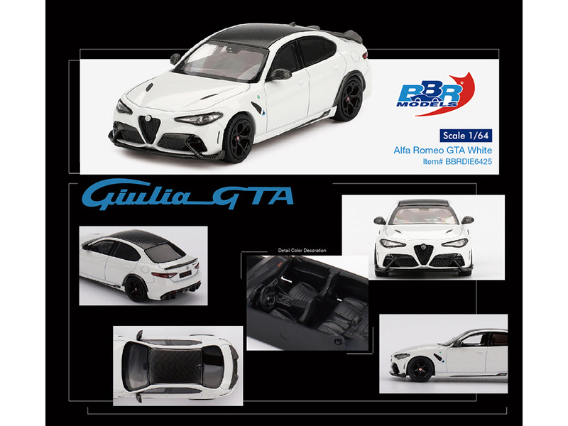 Alfa Romeo Giulia GTA White with Carbon Top 1/64 Diecast Model Car BBR BBRDIE6425