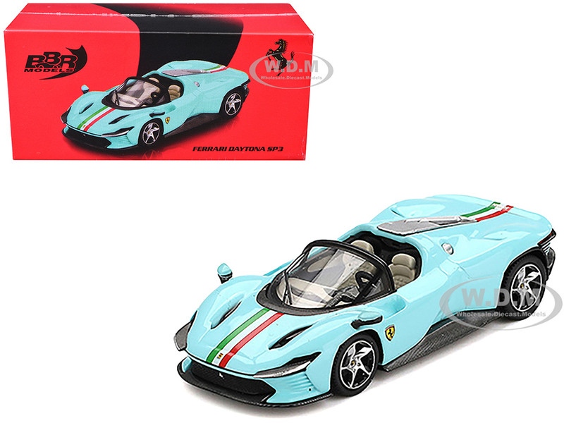 Ferrari Daytona SP3 Light Blue with Italian Flag Stripes 1/64 Diecast Model Car BBR BBRFER64020
