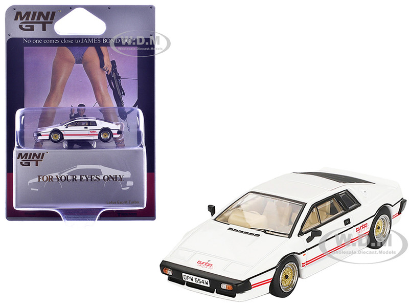 Lotus Esprit Turbo RHD Right Hand Drive White with Red Stripes 007 James Bond For Your Eyes Only 1981 Movie Limited Edition 1/64 Diecast Model Car Mini GT MGT00907-007E