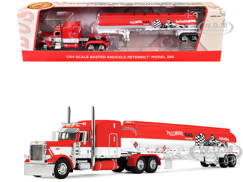 Peterbilt 389 with 63 Mid Roof Sleeper and Heil Fuel Tank Trailer Busted Knuckle Garage Red and White 1/64 Diecast Model DCP/First Gear 60-2146