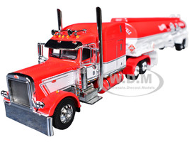 Peterbilt 389 with 63 Mid Roof Sleeper and Heil Fuel Tank Trailer Busted Knuckle Garage Red and White 1/64 Diecast Model DCP/First Gear 60-2146