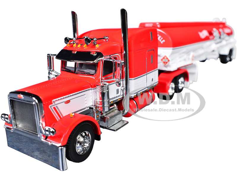 Peterbilt 389 with 63 Mid Roof Sleeper and Heil Fuel Tank Trailer Busted Knuckle Garage Red and White 1/64 Diecast Model DCP/First Gear 60-2146
